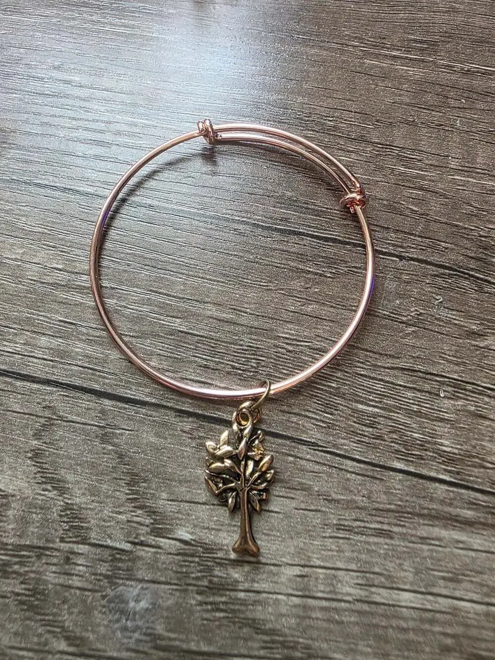 Rose Gold Tone Expandable Bangle Bracelet with Tree Charm